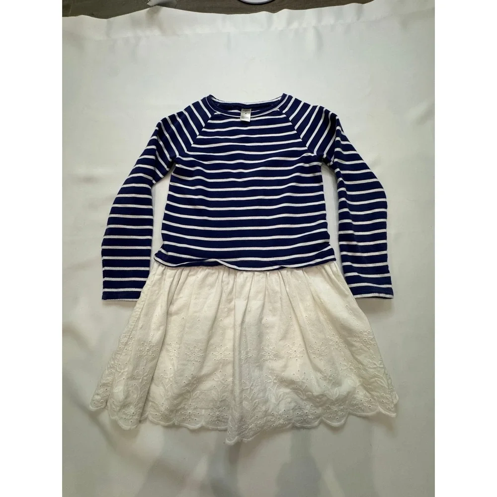 OshKosh B'gosh Striped Eyelet Dress‎ Kids 8 Navy White Mixed Media Long Sleeve